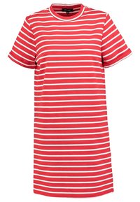 Robe à manches courtes rayée horizontalement rouge et blanche, col rond et coupe décontractée.