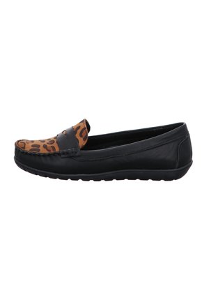 Black leather loafers with a patterned brown leopard print front. Soft texture, rounded toe, and flexible rubber sole for comfort.