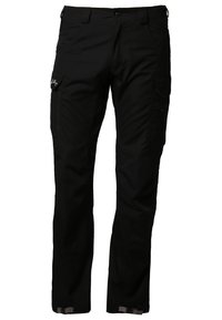 Pantalons cargo noirs en tissu durable, dotés de multiples poches, d'une coupe droite et de genoux renforcés pour une durabilité accrue.