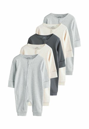 Fünf langärmlige Baby-Strampler aus geripptem Stoff in Grau, Creme und Dunkelgrau, jeweils mit einem Reißverschluss vorne und Bündchen.