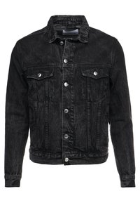 Black denim jacket with a faded finish, featuring a classic collar, buttoned front, two chest pockets, and long sleeves.