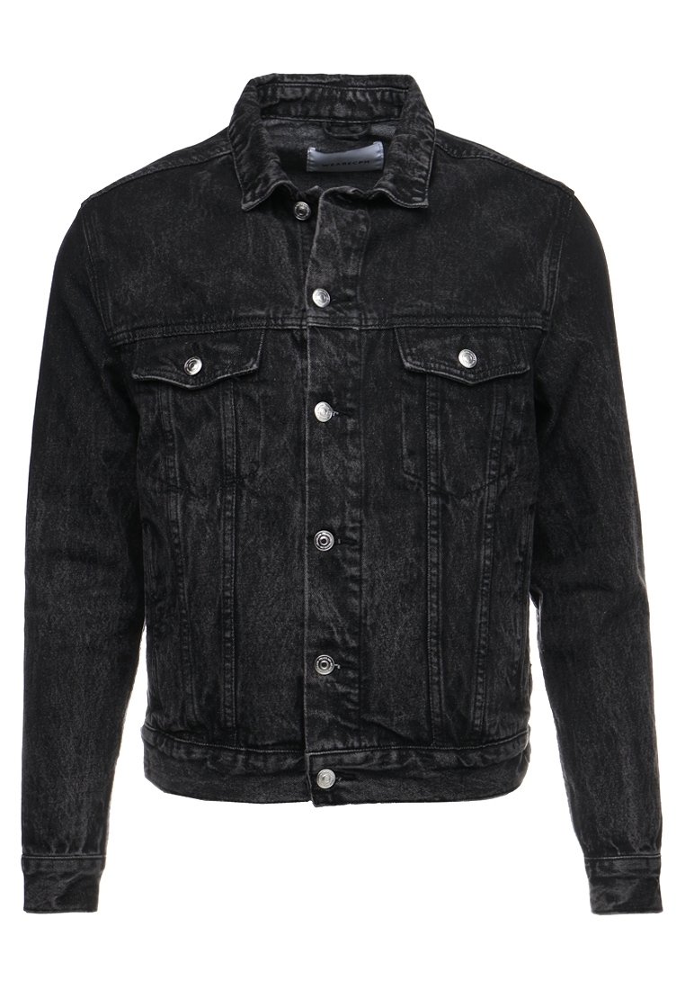 Black denim jacket with a faded finish, featuring a classic collar, buttoned front, two chest pockets, and long sleeves.