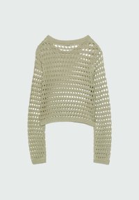 Maglione verde lavorato a maglia con design corto, caratterizzato da un motivo aperto e testurizzato e maniche lunghe. Tessuto morbido e traspirante.