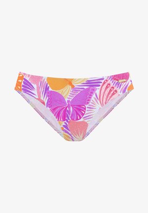 Figi bikini z kolorowym wzorem motyli i liści w odcieniach różu, pomarańczu i fioletu. Wykonane z elastycznego materiału, z elastycznym pasem.