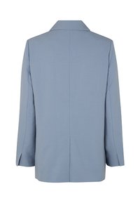 Veste bleu clair avec un col cranté, des manches longues et une coupe droite. Fabriquée en tissu lisse, dotée d'une courbe au dos pour plus de liberté de mouvement.