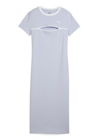 Robe de sport bleu clair avec des manches courtes, un col rond et un détail découpé au niveau de la poitrine. Fabriquée en tissu lisse et extensible. Présente un logo blanc.