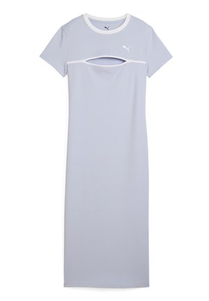 Lichtblauwe sportieve jurk met korte mouwen, ronde halslijn en een uitsnijding bij de borst. Gemaakt van glad, rekbaar stof. Voorzien van een wit logo.