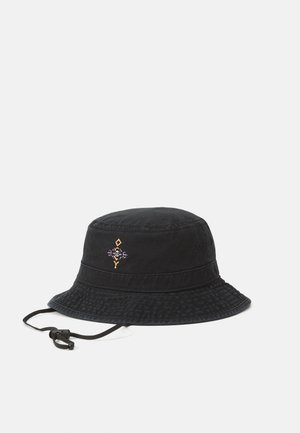Zwarte bucket hat van een katoenmix, met een gestructureerd patroon, verstelbare kinband en geborduurd ontwerp in oranje en paars.