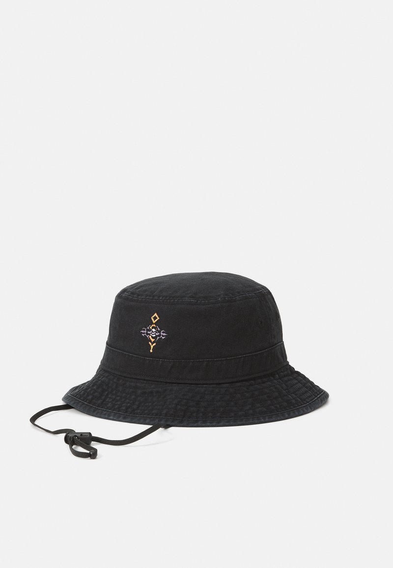 Schwarzer Bucket Hat aus Baumwollmischung, mit strukturiertem Muster, verstellbarem Kinnriemen und gesticktem Design in Orange und Lila.