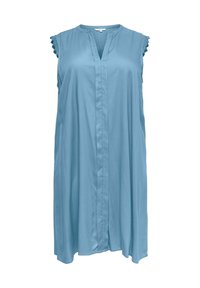 Světle modré bezrukávové šaty vyrobené z hladké látky. Mají výstřih do V a jemnou krajkovou aplikaci na rukávech. Zapínání na knoflíky vpředu.