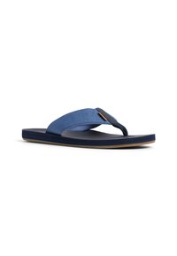 Infradito navy con una fibbia in tessuto testurizzato, suola ammortizzata e design piatto. Presenta un contrasto sul cinturino.