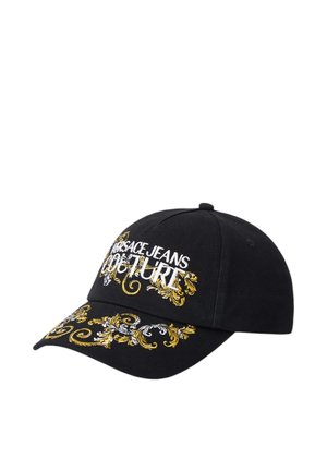 Casquette noire en coton avec des motifs floraux brodés en or et en argent. Présente le texte "Versace Jeans Couture" en blanc sur le devant.