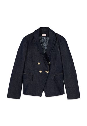 Blazer doppiopetto in denim blu scuro con bottoni dorati, rever a incrocio, tasche con patta e fodera interna fantasia.