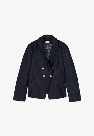 Blazer doppiopetto in denim blu scuro con bottoni dorati, rever a incrocio, tasche con patta e fodera interna fantasia.