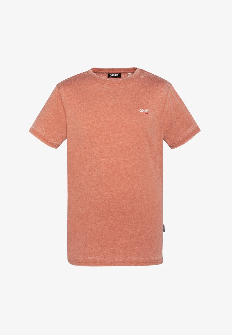 T-shirt a maniche corte di colore corallo sbiadito, realizzato in tessuto morbido con scollo rotondo e un piccolo logo sul lato sinistro del petto.