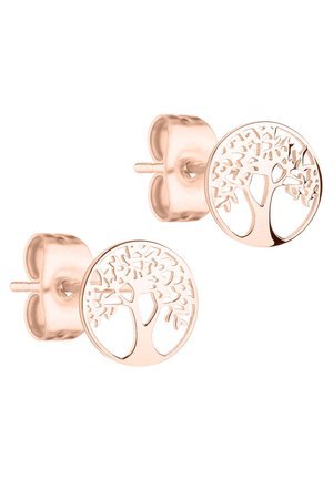 Ohrringe in Roségold in Form eines Lebensbaums mit ausgeschnittenem Design, kreisförmiger Form und glatter Textur; mit Steckverschluss für sicheren Halt.