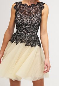 Corsage en dentelle noire avec motifs floraux, se prolongeant en une jupe en tulle crème. Cintrée à la taille, avec des bords festonnés et un design sans manches.