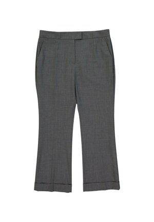 Donkergrijze op maat gemaakte pantalon met rechte pijpen en zijzakken, getoond op een witte achtergrond.