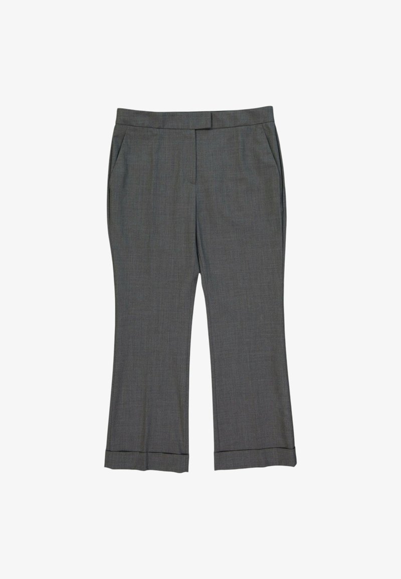 Pantalon de costume sur mesure gris foncé avec coupe droite et poches latérales, présenté sur fond blanc.