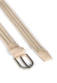Beige woven fabric belt with a smooth leather strap and a silver-tone metal buckle. Features a tapered end and stitching details.
