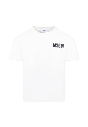 T-shirt bianco a maniche corte in cotone con scollatura rotonda e logo stampato in nero "MSGM" sul lato sinistro del petto. Texture liscia.