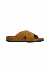 Bruine suède slip-on sandalen met kruisslangen, kurken voetbed en een textuur van zwart rubberen zool. Zachte textuur met een eenvoudig, plat ontwerp.