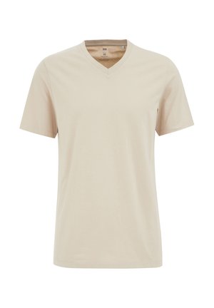 Bež puuvillane T-särk V-kaelusega, lühikeste varrukatega ja sileda tekstuuriga. Lihtne disain, ilma mustrite ja kaunistusteta.
