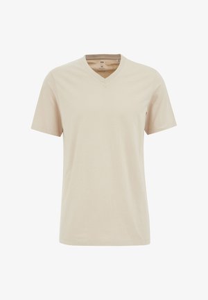 Beige pamut póló V nyakkal, rövid ujjú és sima textúrájú. Egyszerű dizájn, minta vagy díszítés nélkül.