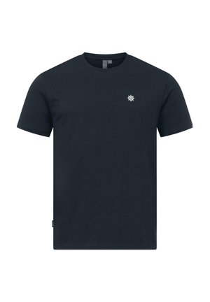 Marineblauw katoenen T-shirt met korte mouwen, een ronde hals en een klein wit scheepsroer-embleem op de linkerborst.