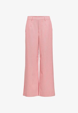 Pantaloni a gamba larga con righe verticali rosse e bianche, dotati di una vita aderente e pieghe, realizzati in un tessuto leggero.