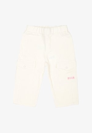 Hvide cargo bukser lavet af blødt stof, med to sidelommer, en elastisk talje og lyserød logo-detalje på det højre ben.