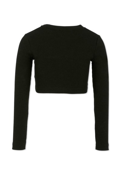 Zwarte lange mouwen ribbed cropped top met een ronde halslijn, vanuit de achterkant getoond op een witte achtergrond.