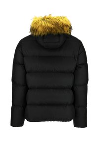 Chaqueta negra acolchada con costuras horizontales y capucha con ribete de piel sintética amarillo y negra, vista desde atrás.