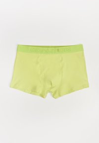 Zielone męskie bokserki z gładką, jednolitą teksturą. Elastyczny pas z wytłoczonym logo "COALITION". Klasyczny design, bez wzorów.