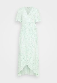Lätt grön omlottklänning med hjärtformad design, korta volangärmar och sidoknytning, tillverkad av ett mjukt och lätt material.