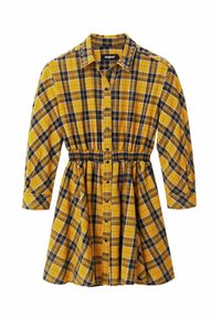 Abito a quadri giallo e blu con maniche a tre quarti, colletto, bottoni frontali e vita arricciata; presenta rifiniture con borchie sul colletto.