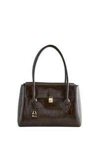 Brown crocodile-embossed handbag with a structured shape, dual rounded handles, gold-tone hardware, and a lock detail on the side.