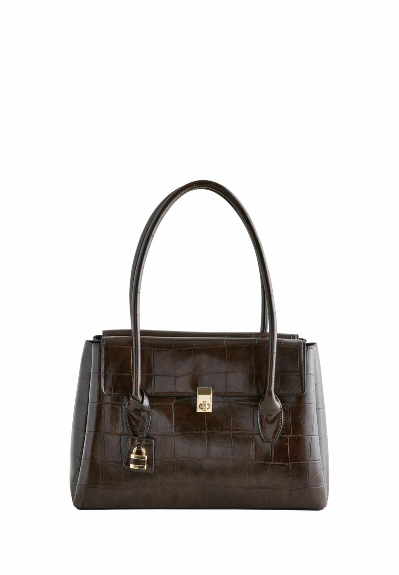 Brown crocodile-embossed handbag with a structured shape, dual rounded handles, gold-tone hardware, and a lock detail on the side.