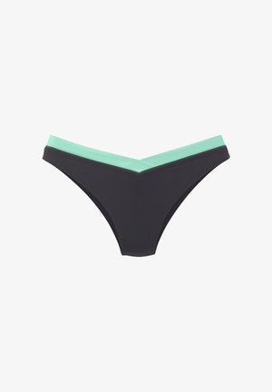 Bas de bikini noir avec une ceinture en V vert menthe, posé à plat sur un fond blanc.