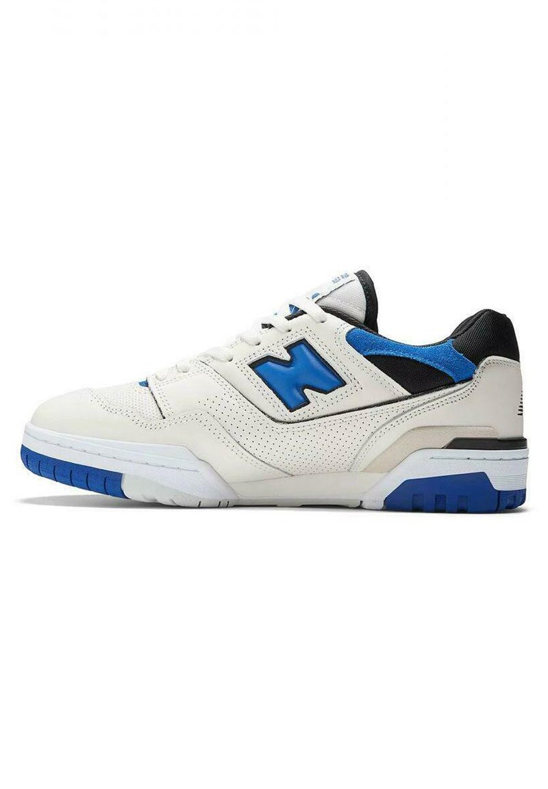 White athletic shoe with blue and black accents, perforated leather upper, raised logo, padded collar, and rubber outsole with traction pattern.