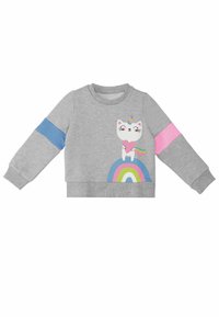 Grå sweatshirt med lange ærmer. Har et grafisk motiv af en hvid kat på en regnbue. Den ene ærme har et blåt bånd; den anden har et rosa bånd. Materiale i bomuld.