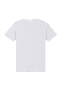 Camiseta blanca de algodón con cuello redondo y mangas cortas, con una textura suave y sin logotipos ni patrones visibles.