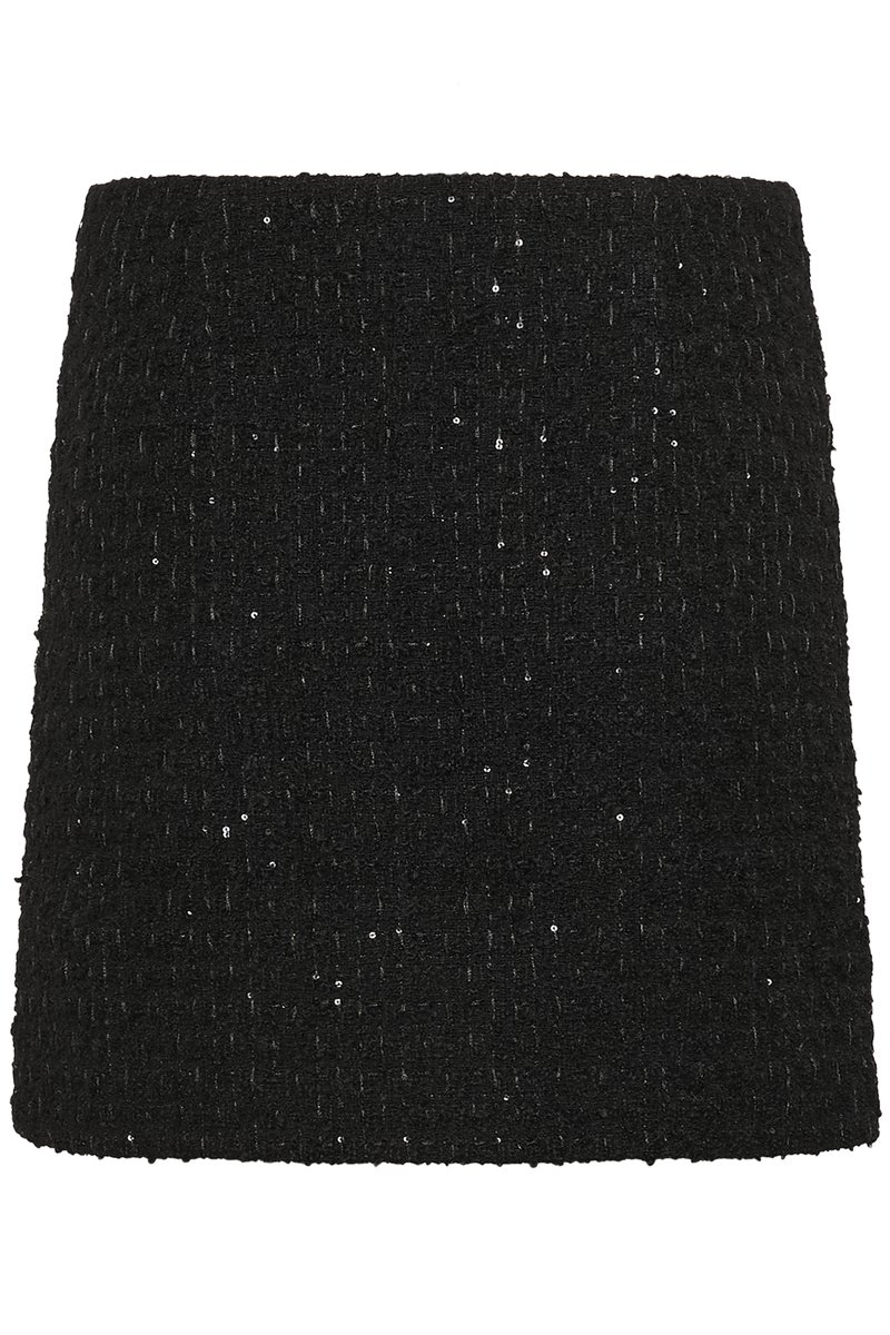 Schwarzer Tweed-Minirock mit strukturiertem Oberflächenmaterial, der dezente Glitzerpartikel aufweist. Gerader Schnitt ohne sichtbare Verschlüsse oder Akzente.