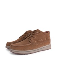 Brown suede shoes with a rounded toe, lace-up design, and rubber sole. Features stitching accents and minimal branding on the side.