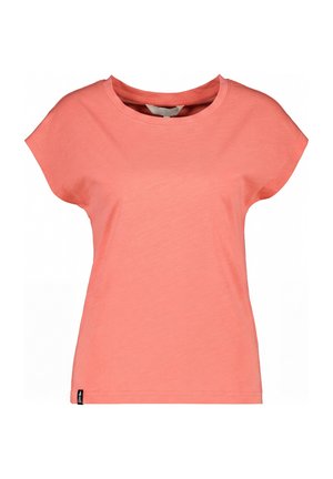 Coral short-sleeve women's T-shirt with round neckline and small black tag on lower left hem.