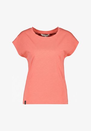 Korallenrotes Damen-T-Shirt mit kurzen Ärmeln, rundem Halsausschnitt und kleinem schwarzem Etikett am unteren linken Saum.