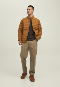 Giacca di pelle marrone trapuntata con colletto alto, indossata sopra una camicia marrone scuro. I pantaloni beige e le scarpe in suede marroni completano l'outfit.