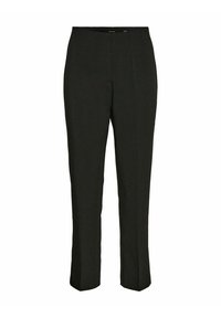 Pantalones negros a medida, confeccionados con una tela suave. Presentan un diseño de pierna recta y una cinturilla minimalista sin herrajes visibles.