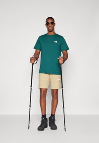 Tricou verde din bumbac cu logo, pantaloni scurți khaki, bocanci de drumeție negri și bețe de trekking. Modelul poartă ochelari de soare și stă pe un fundal uniform.