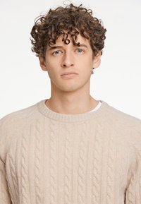 Beige Kabelstrickpullover mit rundem Ausschnitt, der ein strukturiertes Muster aufweist. Das Modell hat lockige Haare und blaue Augen und steht vor einem weißen Hintergrund.